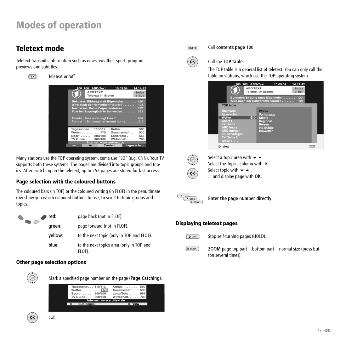 Loewe A 20 DVB-T, L 20 DVB-T manual Teletext mode, Selection with the coloured buttons, Other page selection options 