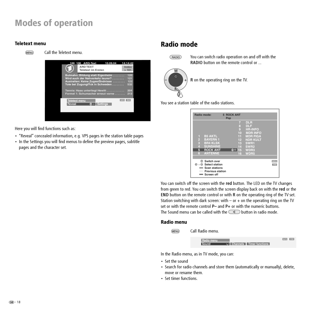 Loewe L 20 DVB-T, A 20 DVB-T manual Radio mode, Teletext menu, Radio menu 