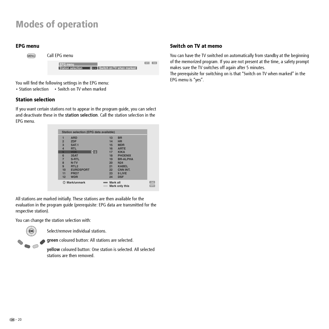 Loewe L 20 DVB-T, A 20 DVB-T manual Station selection, Switch on TV at memo, Call EPG menu 