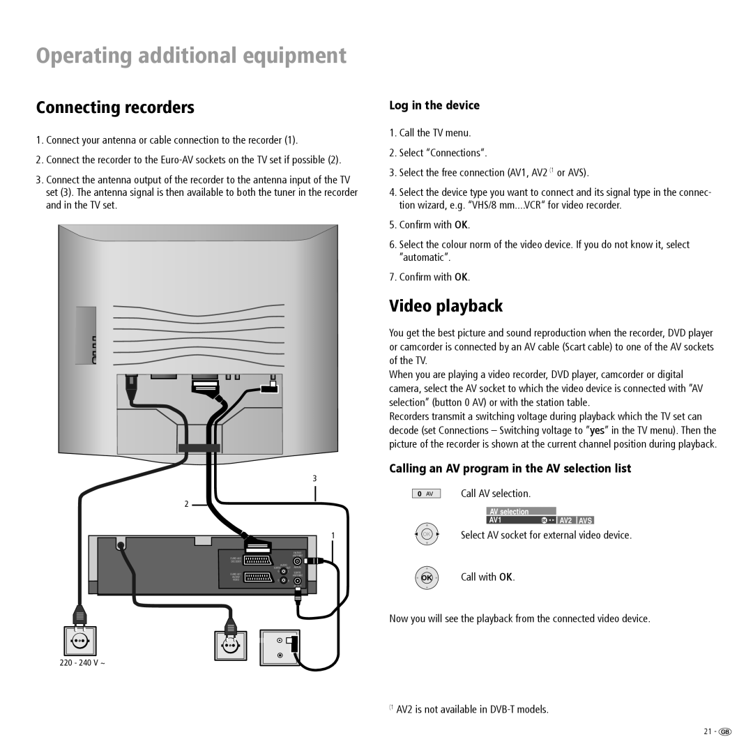 Loewe A 20 DVB-T, L 20 DVB-T manual Operating additional equipment, Connecting recorders, Video playback, Log in the device 