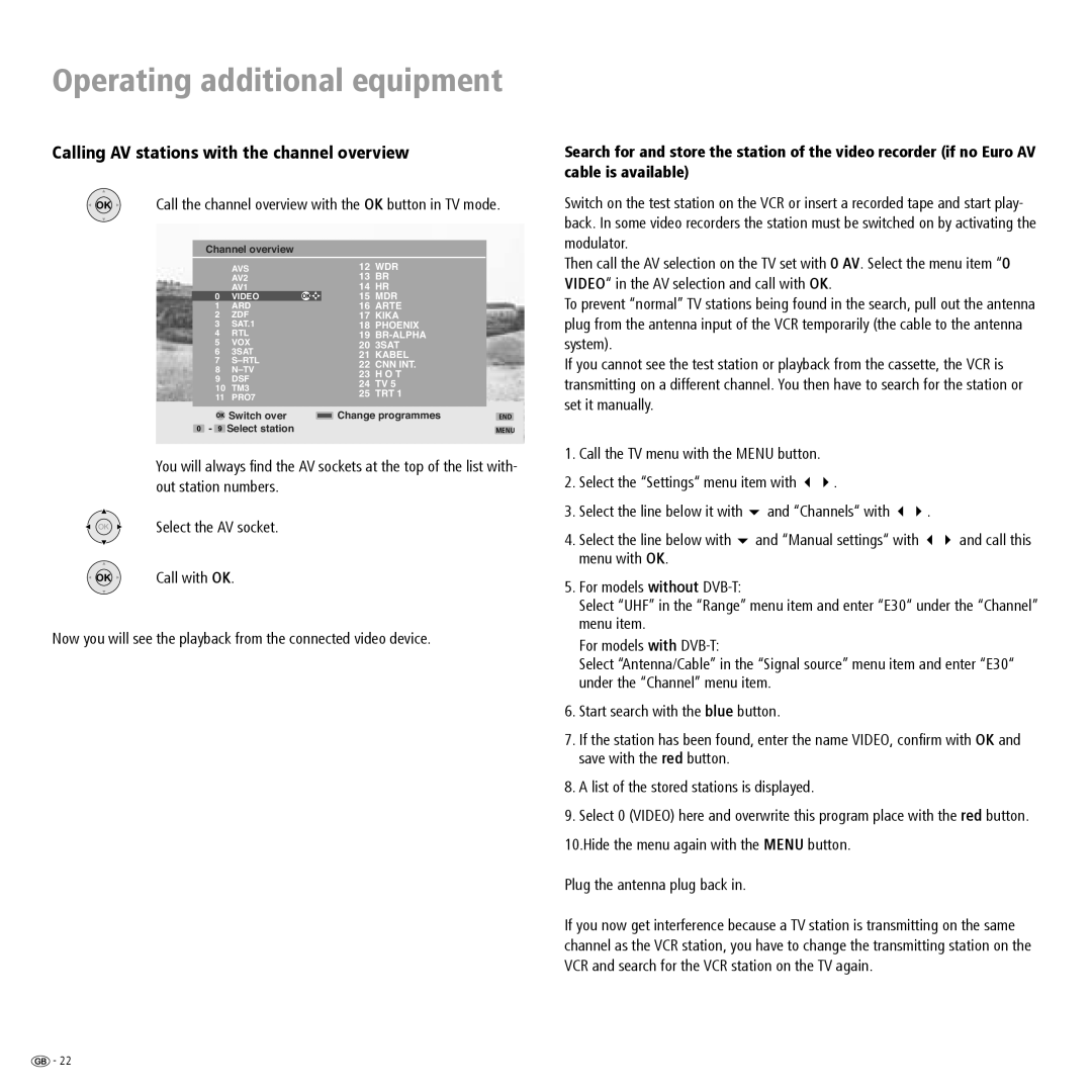 Loewe L 20 DVB-T Calling AV stations with the channel overview, OK Call the channel overview with the OK button in TV mode 