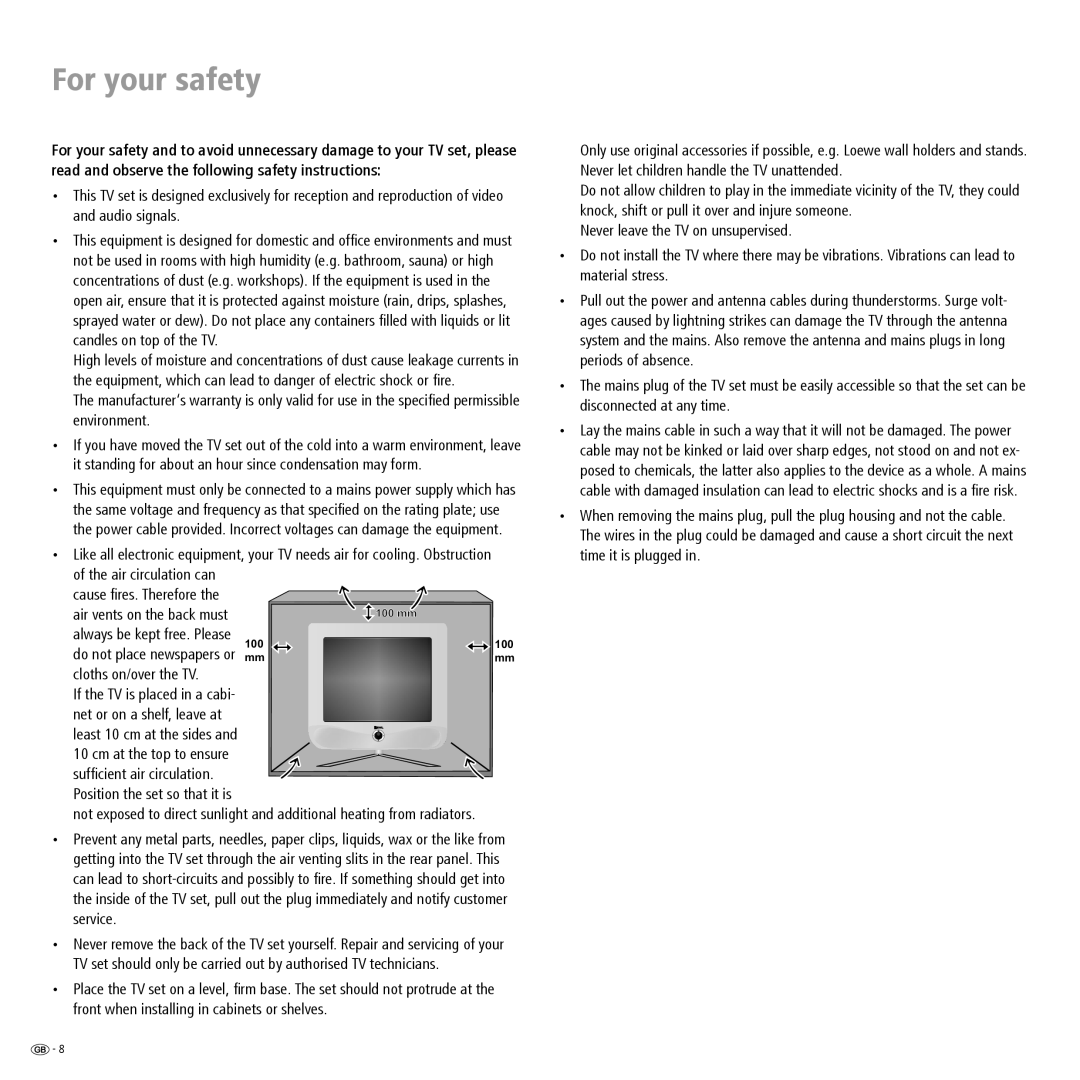 Loewe L 20 DVB-T, A 20 DVB-T manual For your safety, Position the set so that it is 