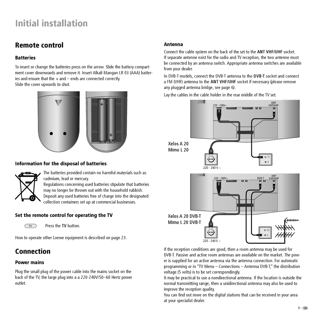 Loewe A 20 DVB-T, L 20 DVB-T manual Initial installation, Remote control, Connection 