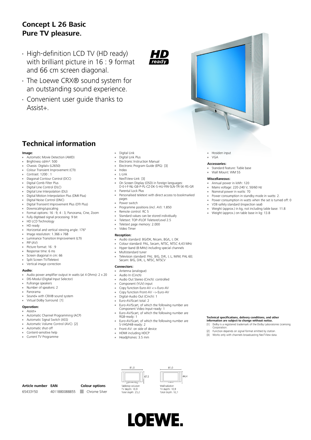 Loewe technical specifications Concept L 26 Basic Pure TV pleasure, Technical information 