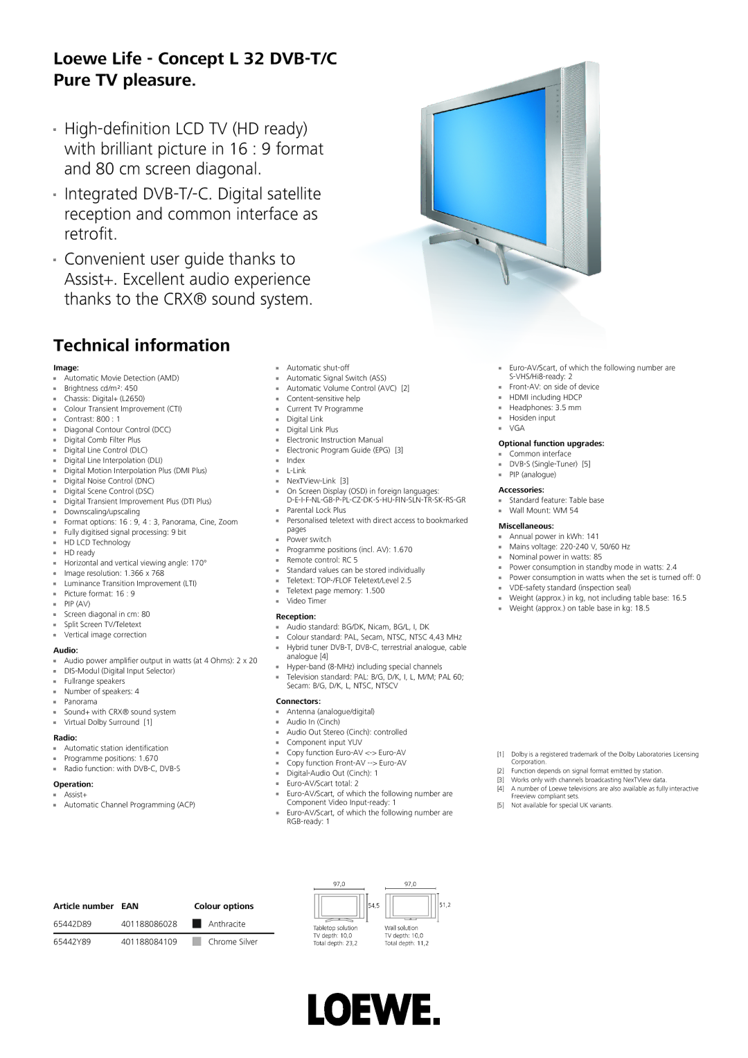 Loewe instruction manual Loewe Life Concept L 32 DVB-T/C Pure TV pleasure, Technical information 