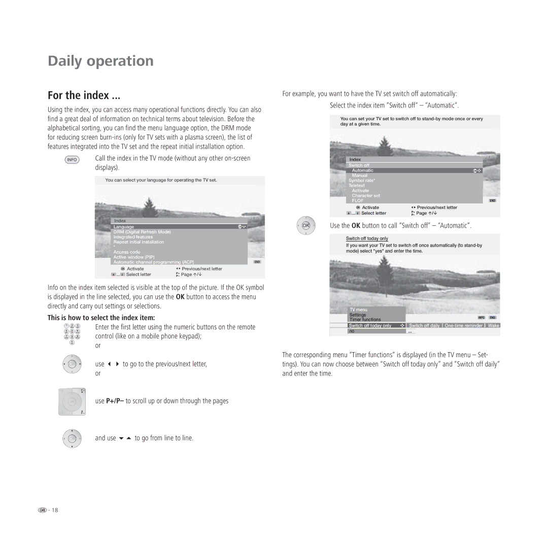 Loewe L 32, L 37 For the index, This is how to select the index item, Use P+/P- to scroll up or down through the pages 