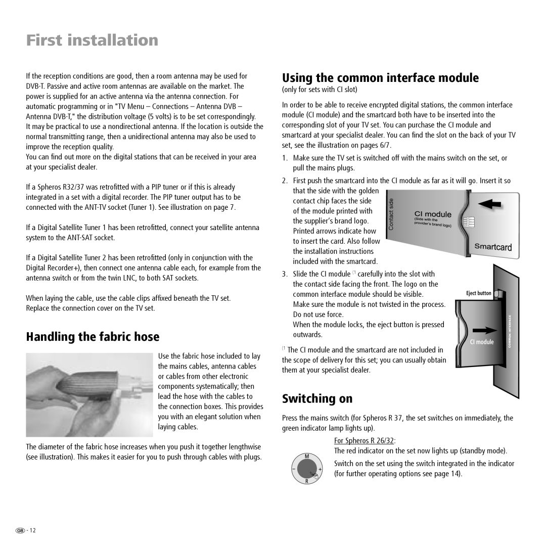 Loewe R 26, R 32 Using the common interface module, Handling the fabric hose, Switching on, Only for sets with CI slot 