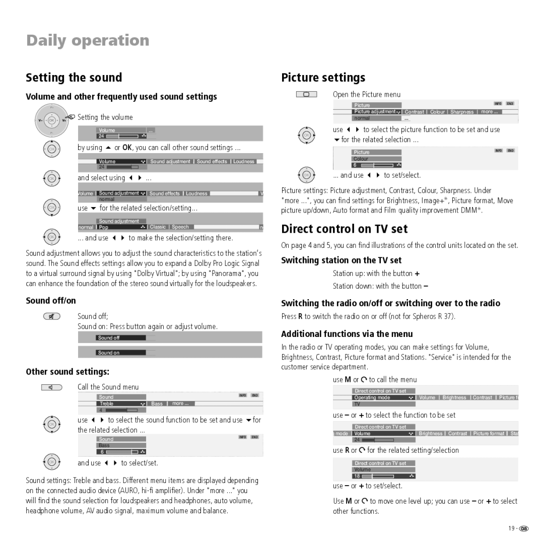 Loewe R 32, R 26, R 37 manual Setting the sound, Picture settings, Direct control on TV set 