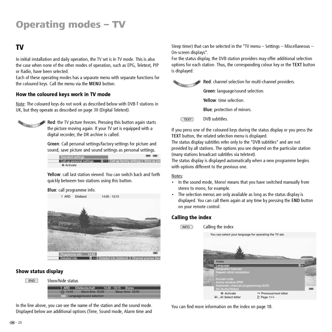 Loewe R 37, R 26, R 32 Operating modes TV, How the coloured keys work in TV mode, Show status display, Calling the index 