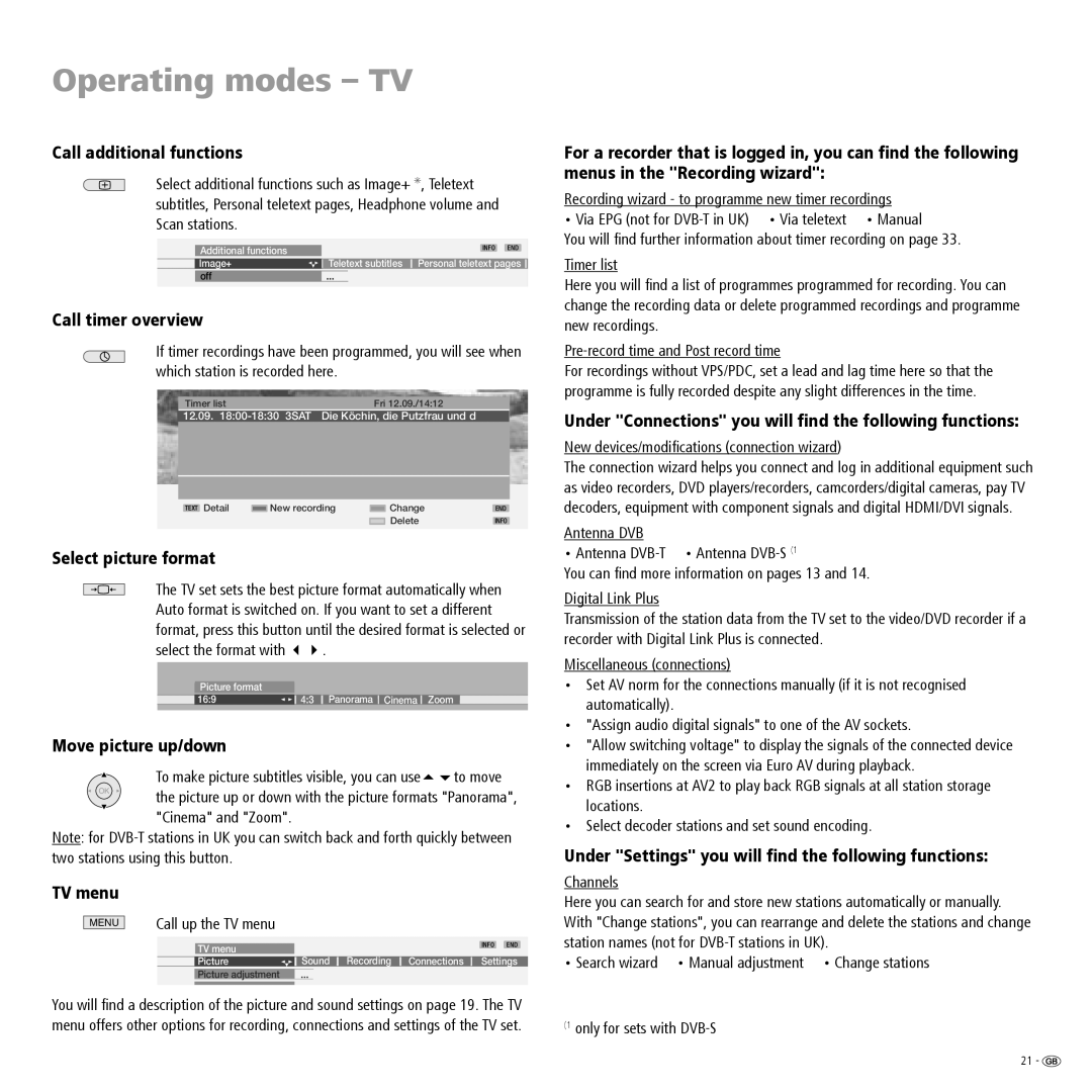 Loewe R 26, R 32, R 37 Call additional functions, Call timer overview, Select picture format, Move picture up/down, TV menu 