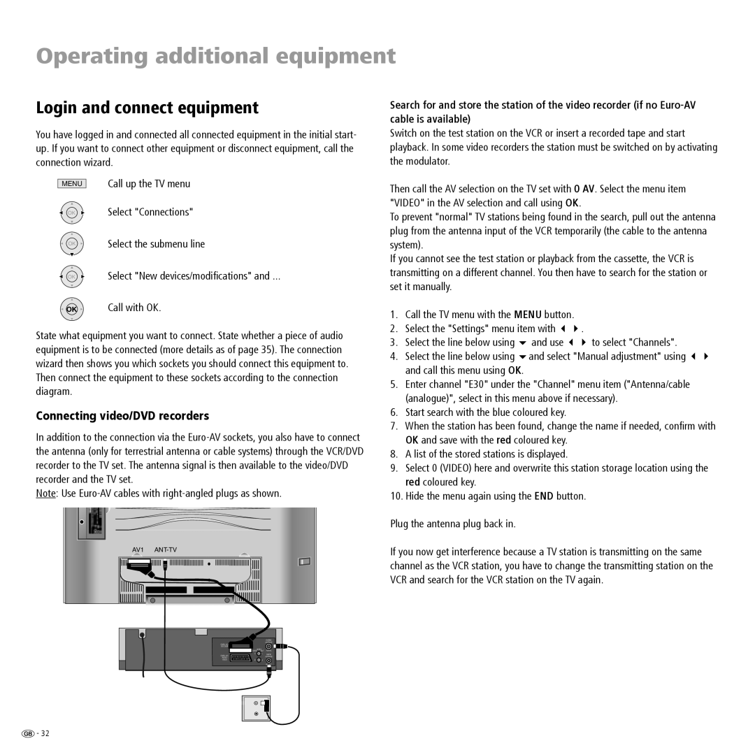 Loewe R 37, R 26, R 32 manual Operating additional equipment, Login and connect equipment, Connecting video/DVD recorders 