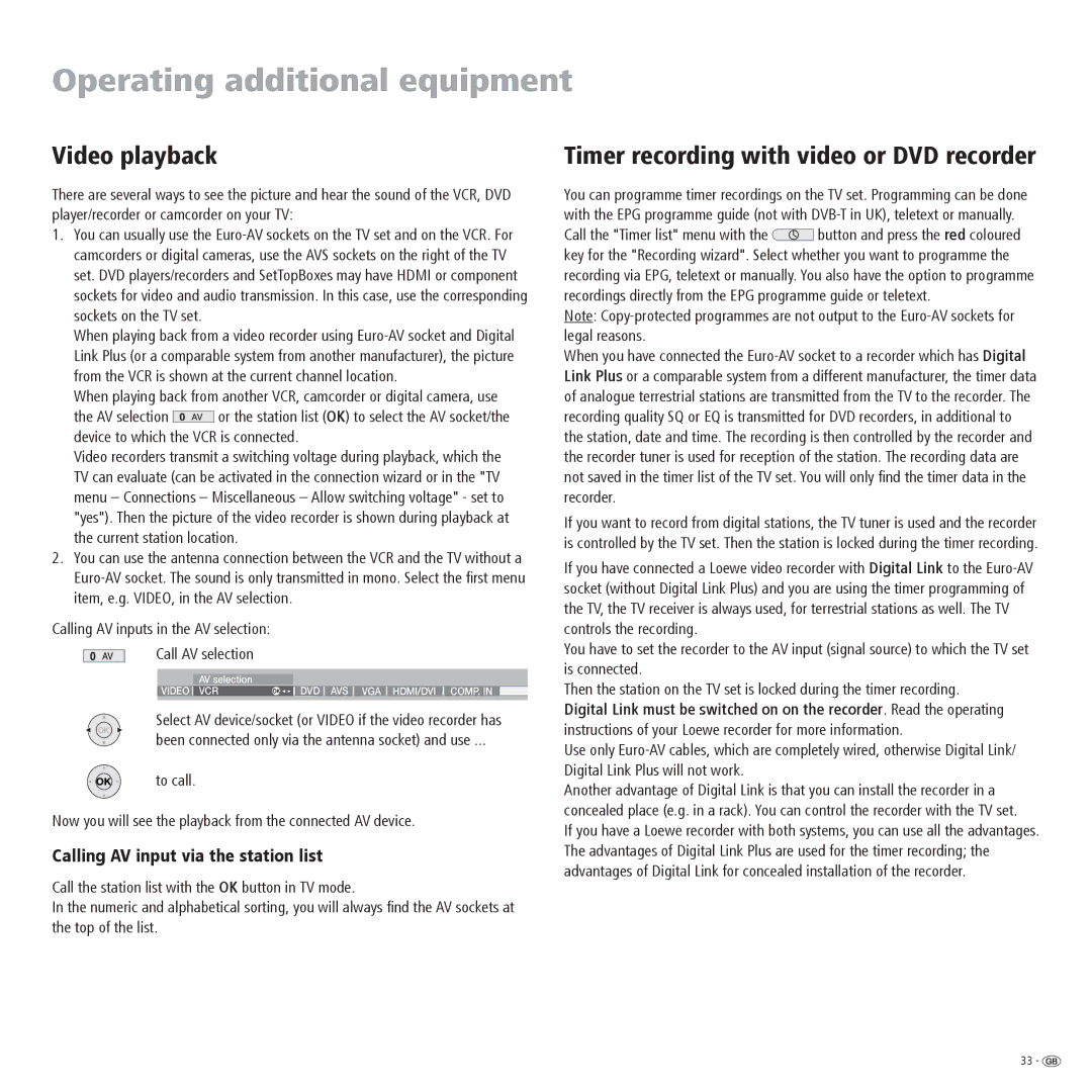 Loewe R 26, R 32, R 37 manual Video playback, Calling AV input via the station list 