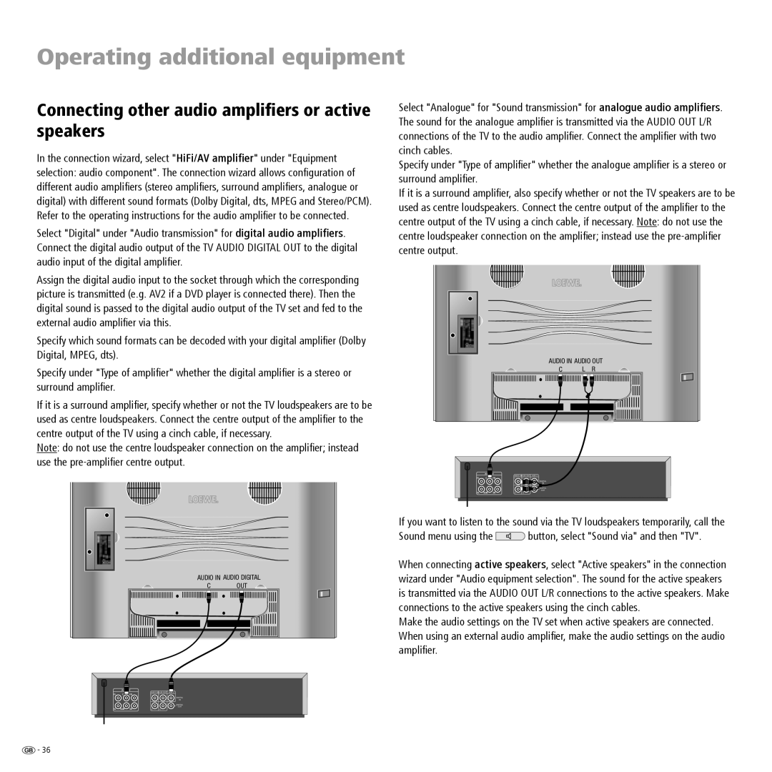 Loewe R 26 Connecting other audio ampliﬁers or active speakers, Sound menu using the button, select Sound via and then TV 