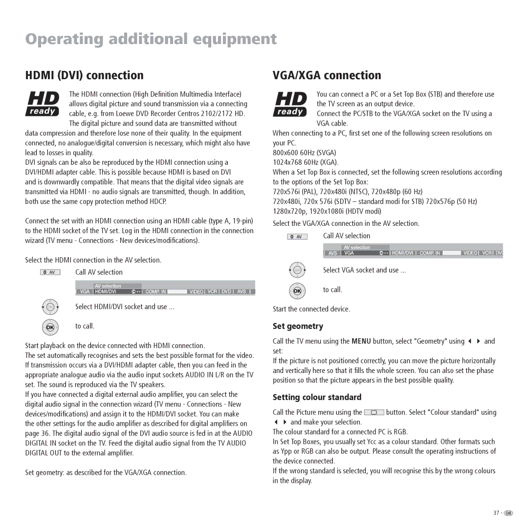 Loewe R 32, R 26, R 37 manual Hdmi DVI connection, VGA/XGA connection, Set geometry, Setting colour standard, To call 