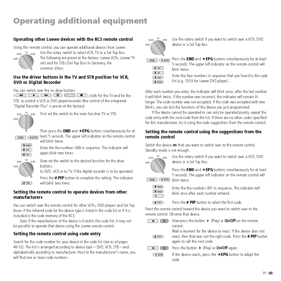 Loewe R 26, R 32, R 37 manual Setting the remote control using code entry 