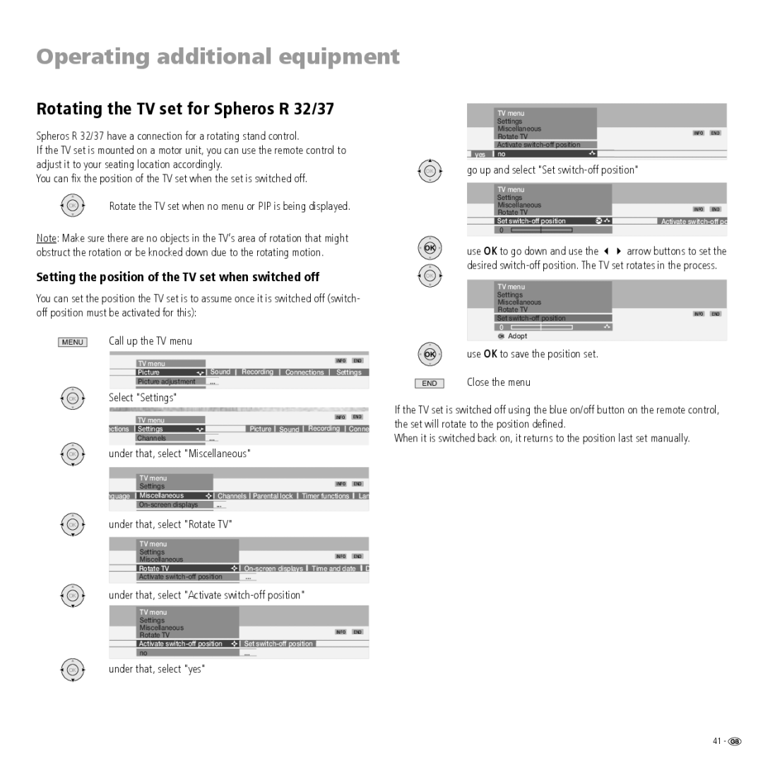 Loewe R 37 Rotating the TV set for Spheros R 32/37, Setting the position of the TV set when switched off, Select Settings 