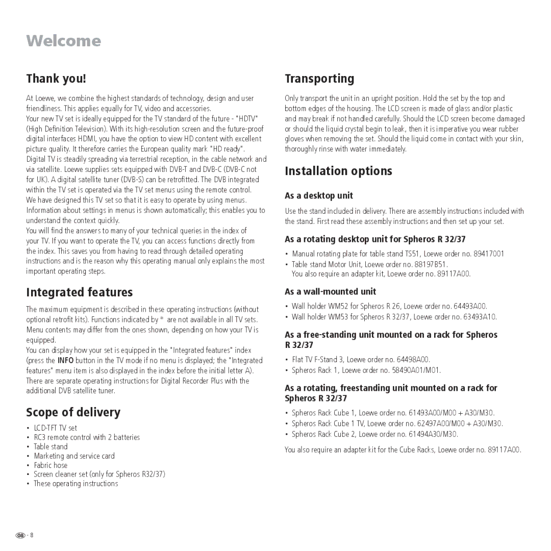 Loewe R 37, R 26, R 32 manual Welcome 