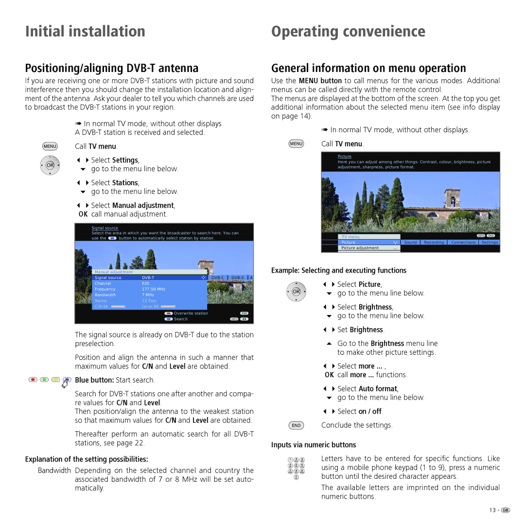 Loewe Spheros R 37Full-HD+, Spheros R 32 HD+ Positioning/aligning DVB-T antenna, General information on menu operation 