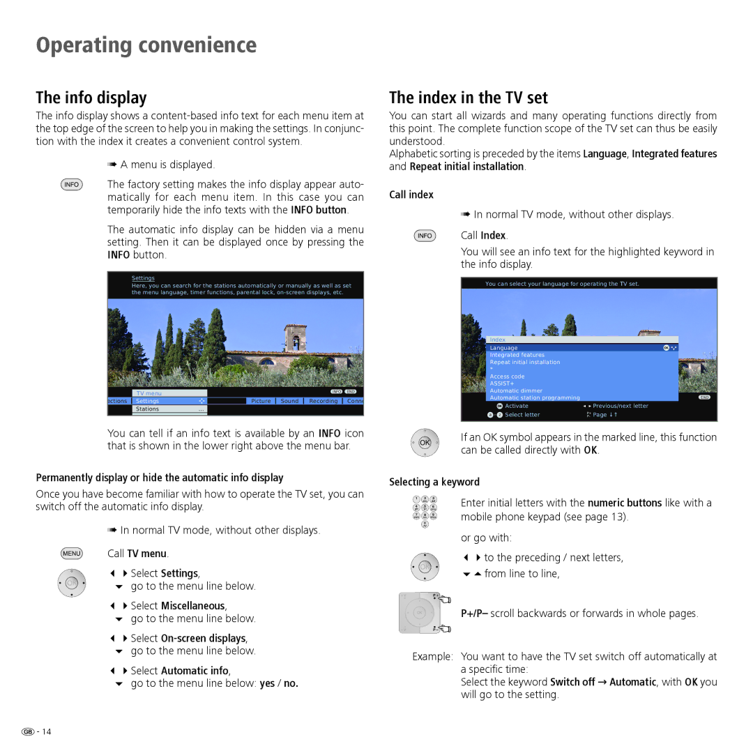 Loewe Spheros R 32 HD+, Spheros R 37Full-HD+ manual Operating convenience, Info display, Index in the TV set 