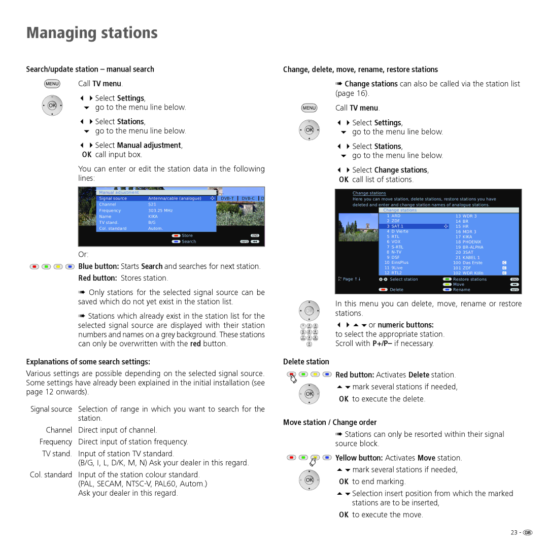 Loewe Spheros R 37Full-HD+ Search/update station manual search, Change, delete, move, rename, restore stations 