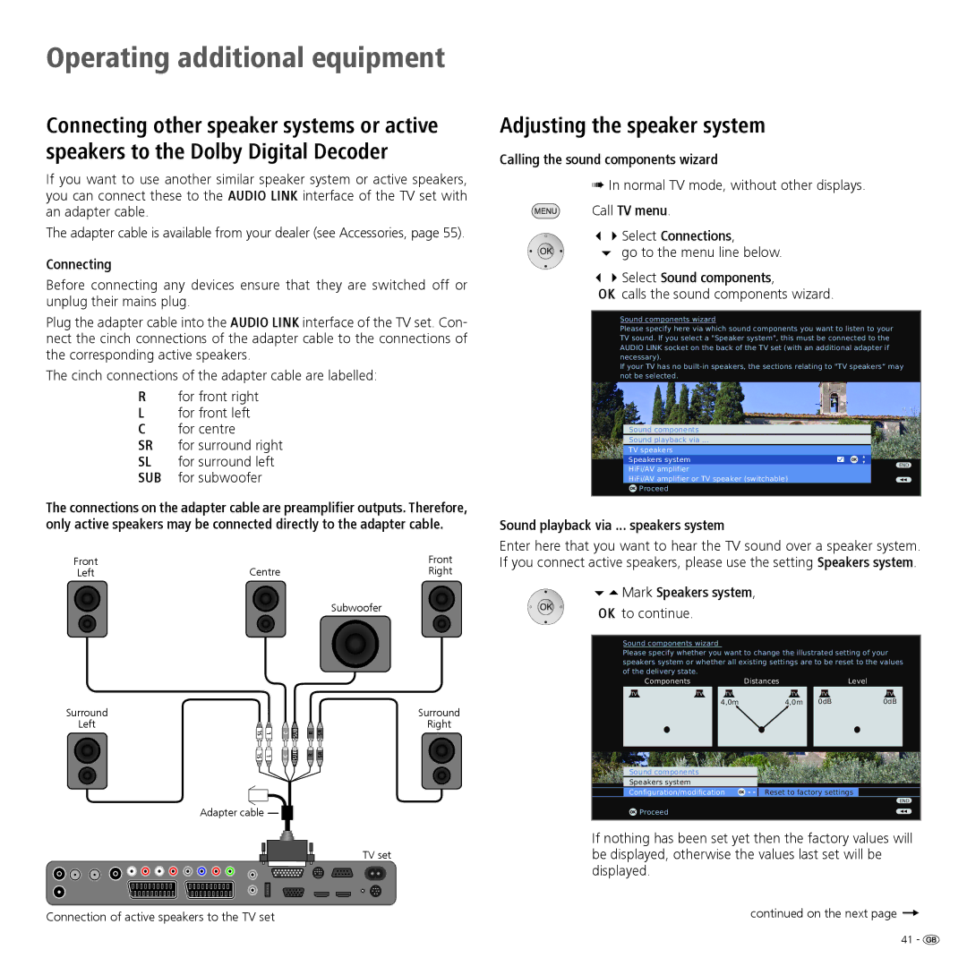 Loewe Spheros R 37Full-HD+ Adjusting the speaker system, Calling the sound components wizard, 34Select Sound components 