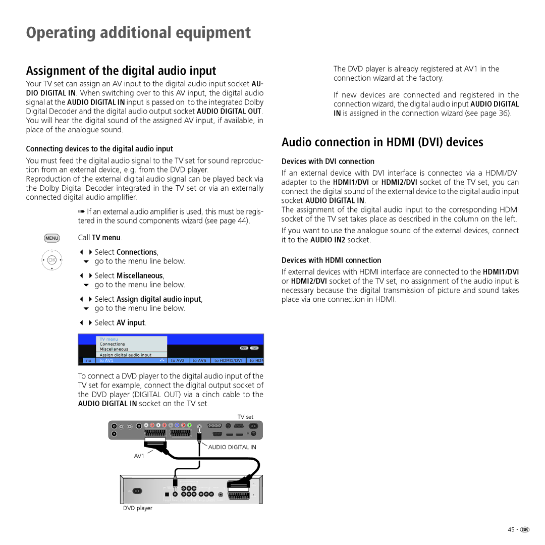 Loewe Spheros R 37Full-HD+, Spheros R 32 HD+ Assignment of the digital audio input, Audio connection in Hdmi DVI devices 