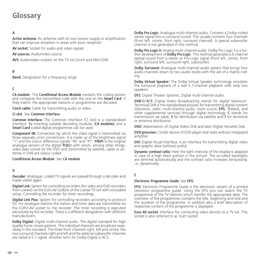 Loewe Spheros R 32 HD+ manual Glossary, Cinch cable Cable for transmitting audio or video, CI slot See Common Interface 