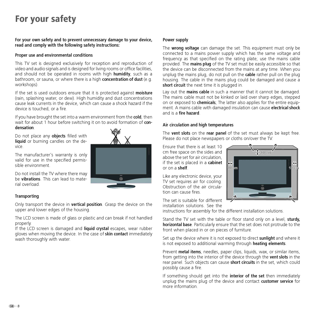 Loewe Spheros R 32 HD+ manual For your safety, Proper use and environmental conditions, Transporting, Power supply 