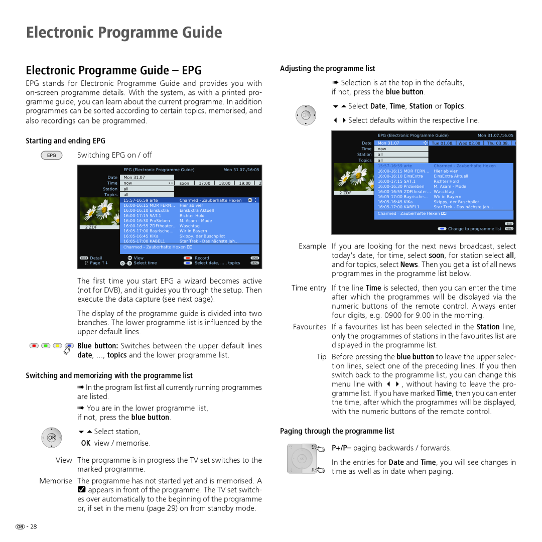Loewe Spheros R 32 HD+ manual Electronic Programme Guide - EPG, Starting and ending EPG, Adjusting the programme list 