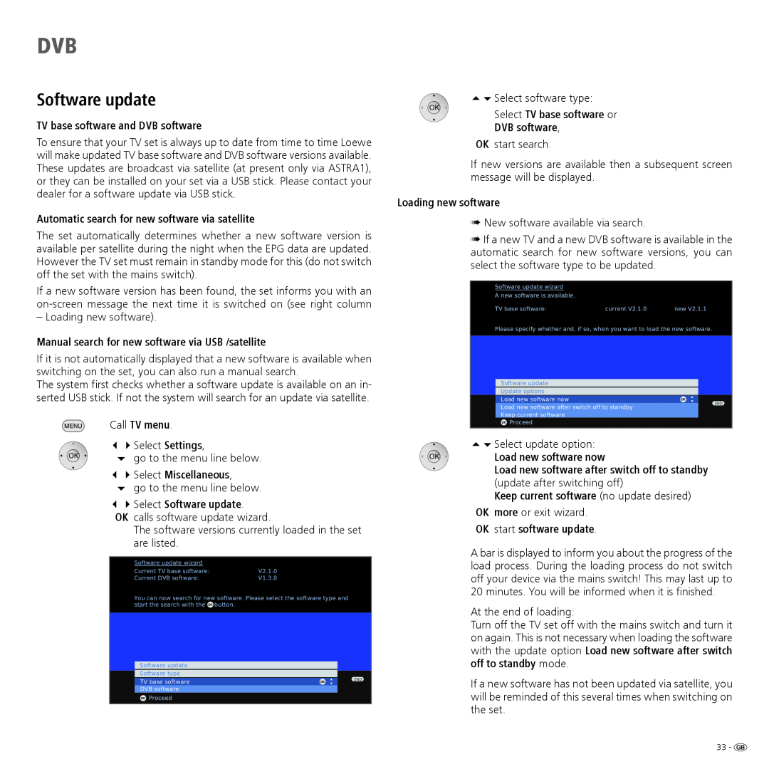 Loewe Spheros R 37Full-HD+ manual TV base software and DVB software, 34Select Software update, Loading new software 
