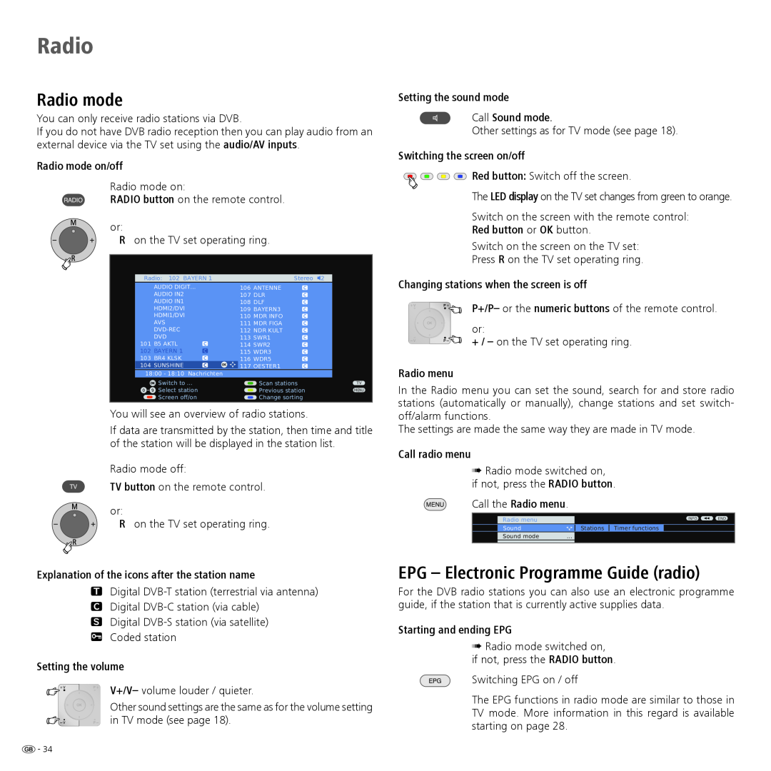 Loewe Spheros R 32 HD+ EPG - Electronic Programme Guide radio, Radio mode on/off, Switching the screen on/off 