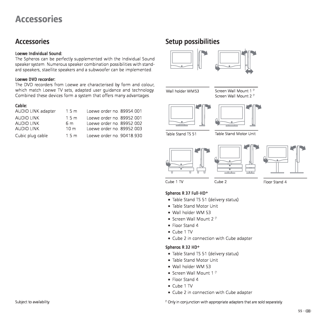 Loewe Spheros R 37Full-HD+ manual Accessories, Setup possibilities, Loewe Individual Sound, Loewe DVD recorder, Cable 