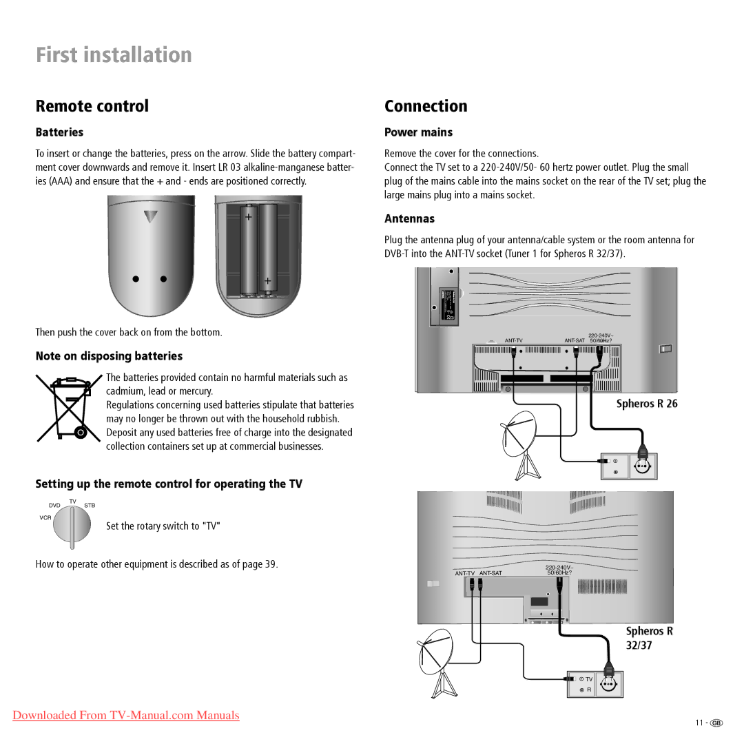 Loewe Spheros R 26, Spheros R 37, Spheros R 32 operating instructions First installation, Remote control, Connection 