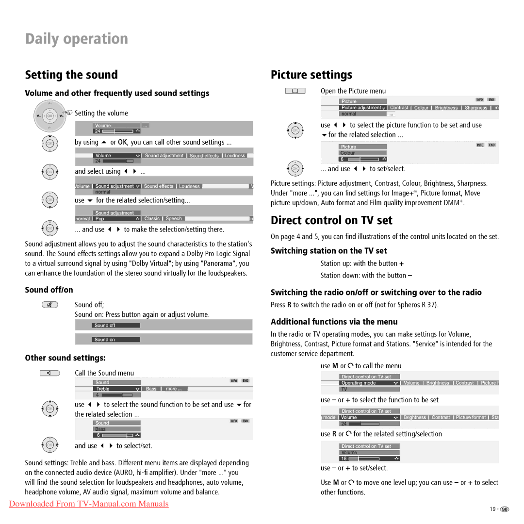 Loewe Spheros R 32, Spheros R 37, Spheros R 26 Setting the sound, Picture settings, Direct control on TV set 