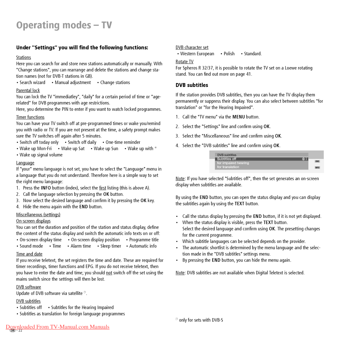 Loewe Spheros R 32, Spheros R 37, Spheros R 26 Under Settings you will ﬁnd the following functions, DVB subtitles 