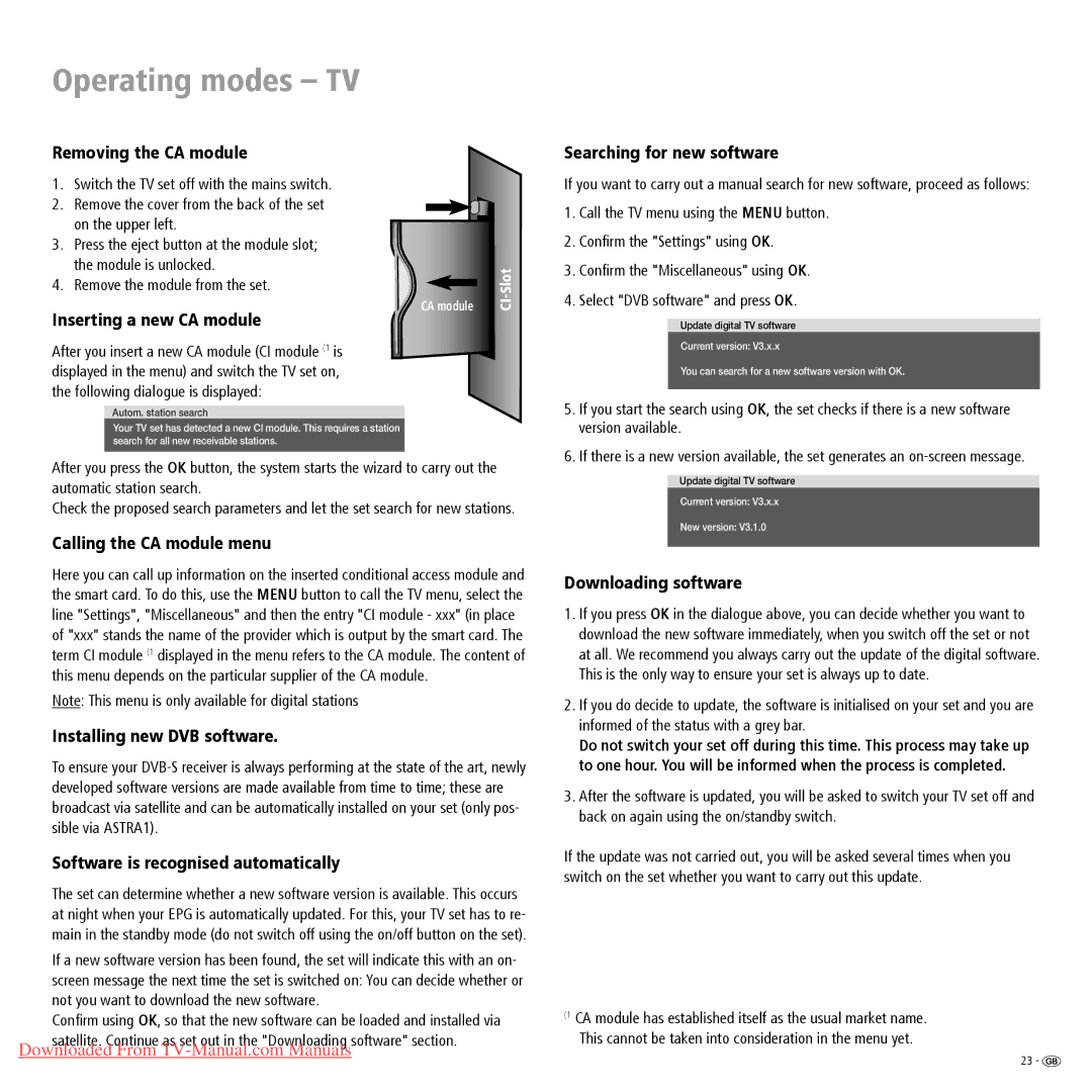 Loewe Spheros R 26 Removing the CA module, Inserting a new CA module, Calling the CA module menu, Downloading software 