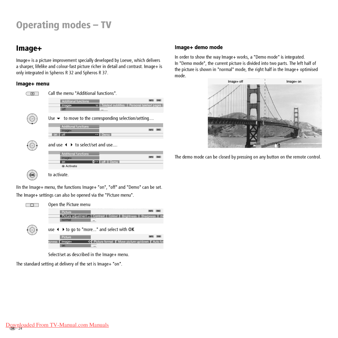 Loewe Spheros R 37, Spheros R 32, Spheros R 26 Image+ menu, Image+ demo mode, Call the menu Additional functions 
