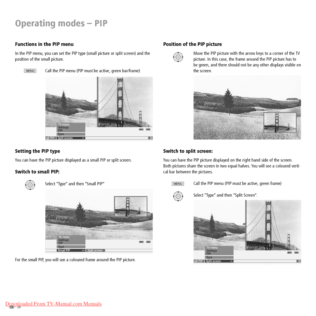 Loewe Spheros R 26 Functions in the PIP menu, Position of the PIP picture, Setting the PIP type, Switch to small PIP 