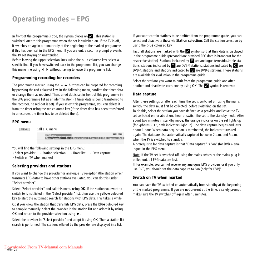 Loewe Spheros R 32 Programming recording for recorders, EPG menu, Selecting providers and stations, Data capture 