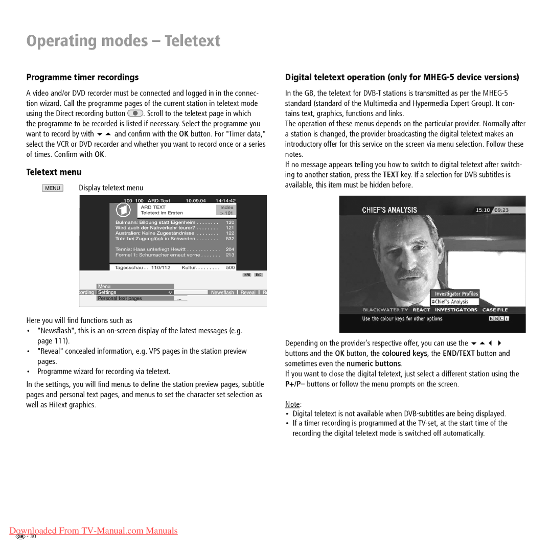 Loewe Spheros R 37 Programme timer recordings, Teletext menu, Digital teletext operation only for MHEG-5 device versions 