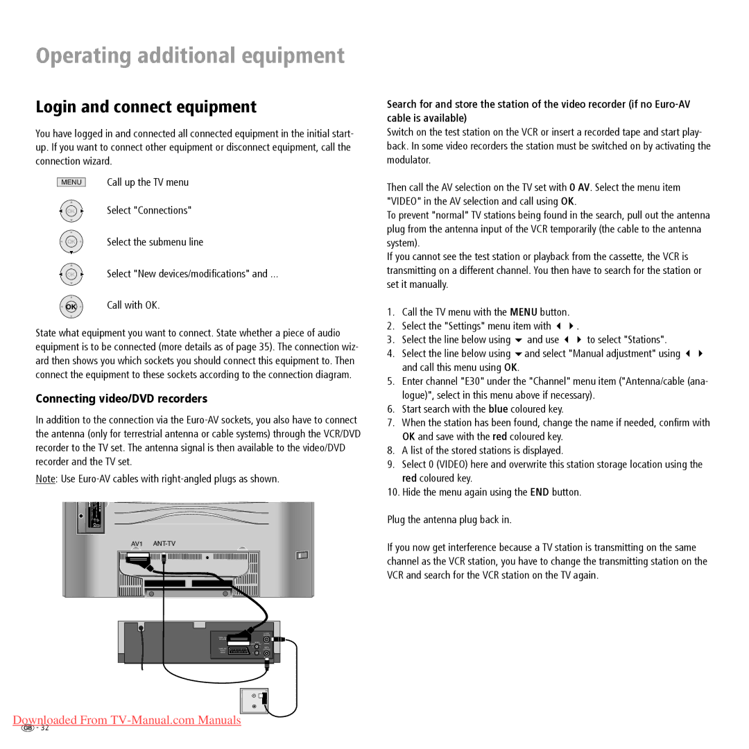 Loewe Spheros R 26 Operating additional equipment, Login and connect equipment, Connecting video/DVD recorders 