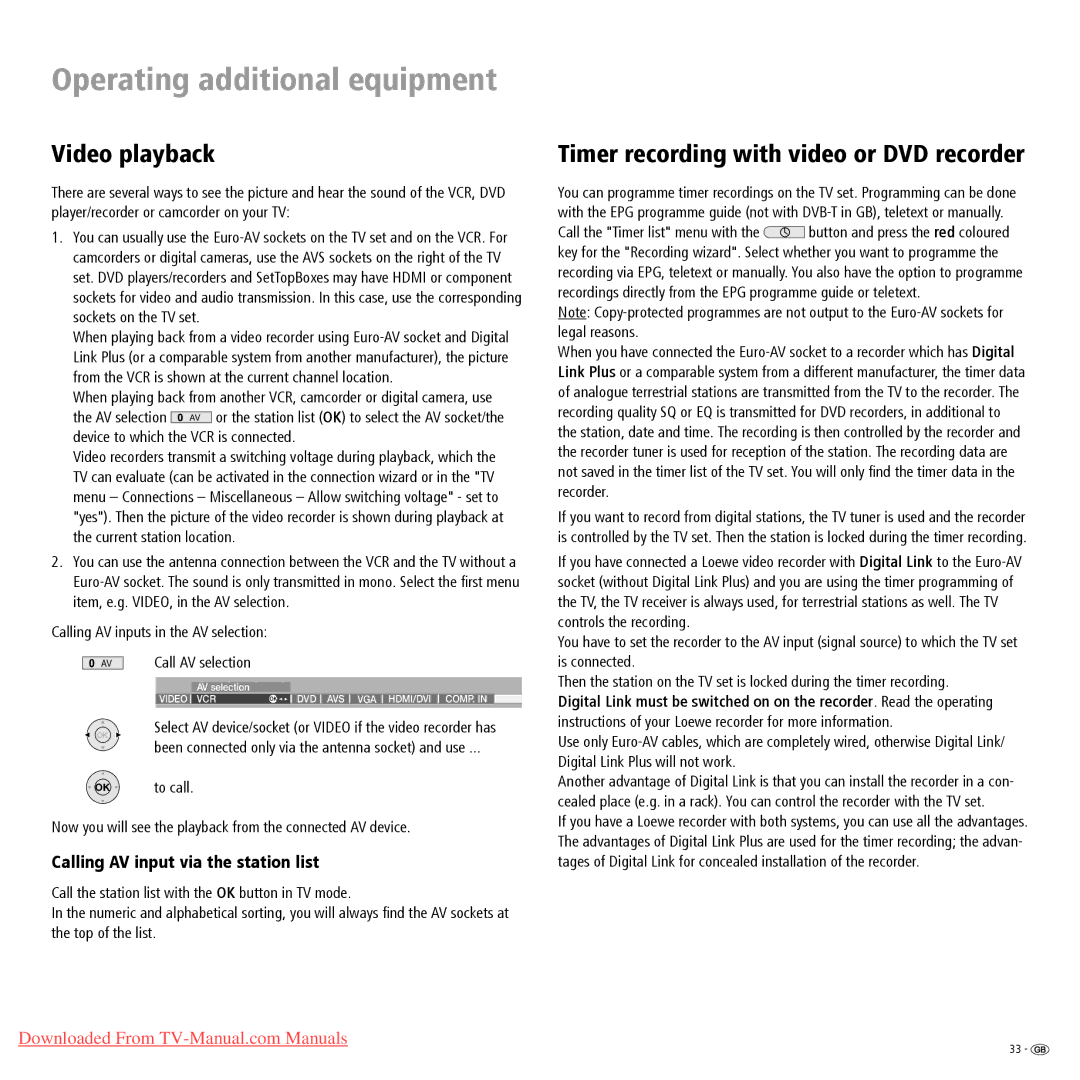 Loewe Spheros R 37 Video playback, Calling AV input via the station list, Calling AV inputs in the AV selection 