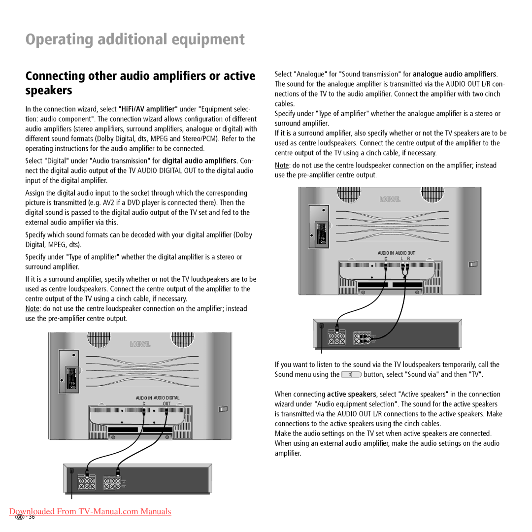 Loewe Spheros R 37, Spheros R 32, Spheros R 26 operating instructions Connecting other audio ampliﬁers or active speakers 