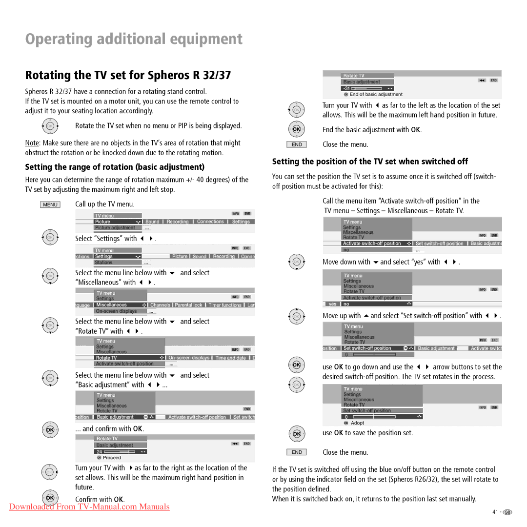 Loewe Spheros R 26, Spheros R 37 Rotating the TV set for Spheros R 32/37, Setting the range of rotation basic adjustment 