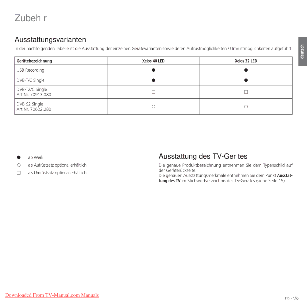 Loewe manual Ausstattungsvarianten, Ausstattung des TV-Gerätes, Gerätebezeichnung Xelos 40 LED Xelos 32 LED, Ab Werk 