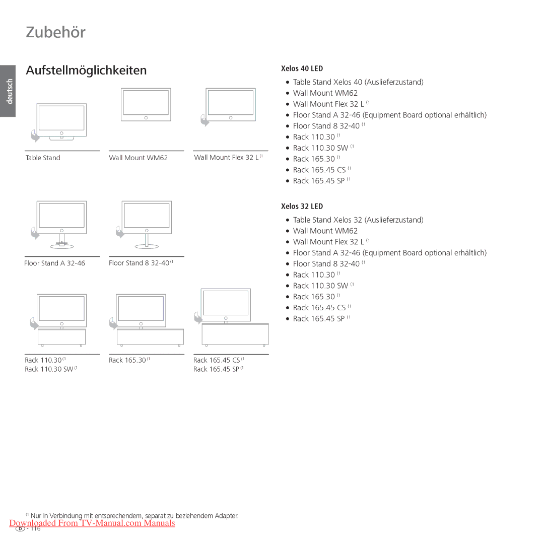 Loewe Xelos 40 LED manual Aufstellmöglichkeiten, Table Stand Wall Mount WM62, Floor Stand 8 32-40, Rack 110.30 Rack 165.30 