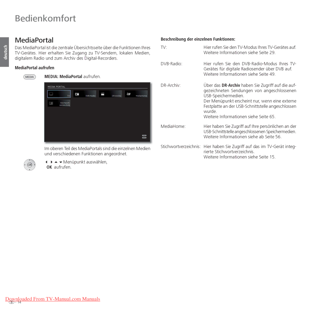 Loewe Xelos 40 LED, Xelos 32 LED manual Media MediaPortal aufrufen, Beschreibung der einzelnen Funktionen 