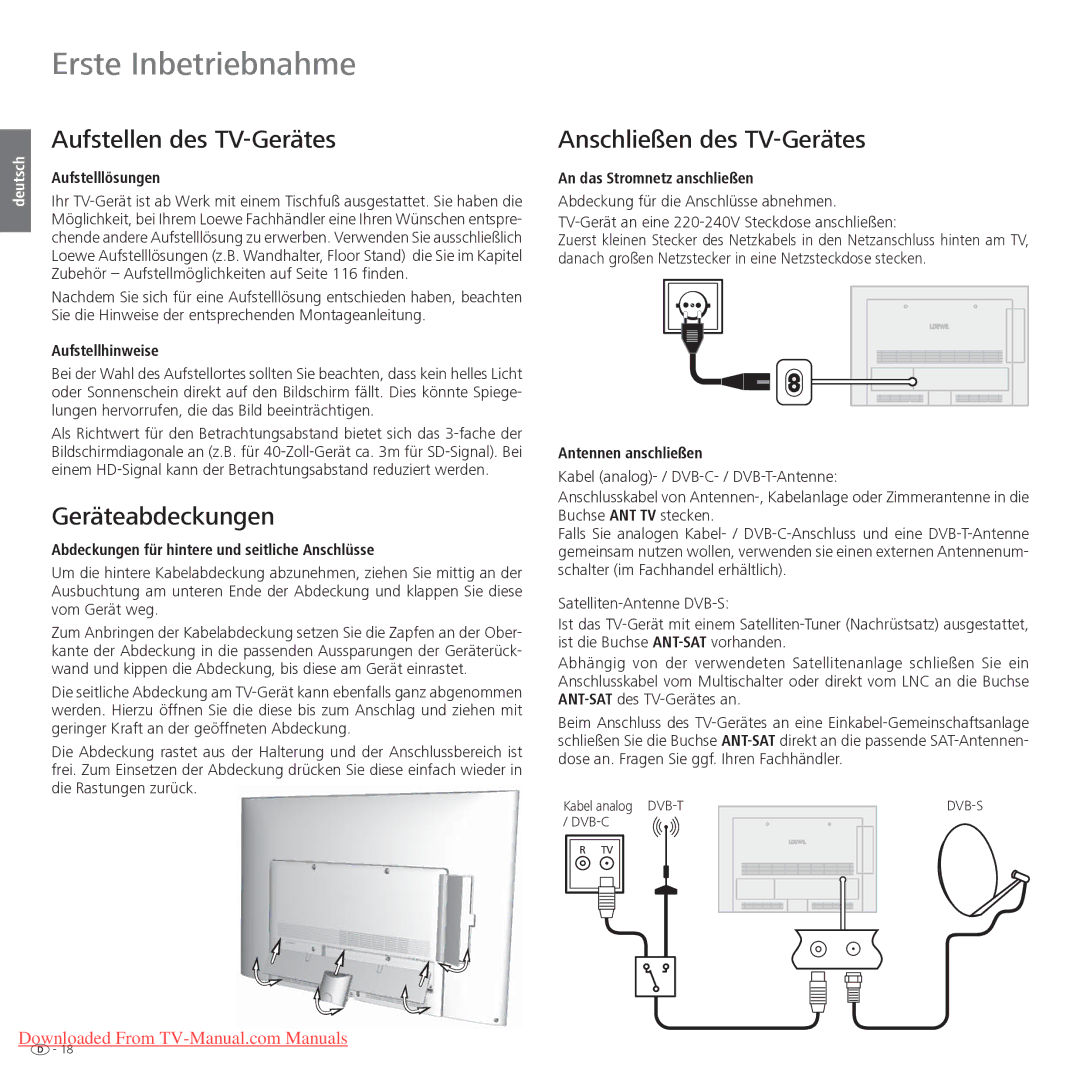 Loewe Xelos 40 LED manual Erste Inbetriebnahme, Aufstellen des TV-Gerätes, Geräteabdeckungen, Anschließen des TV-Gerätes 