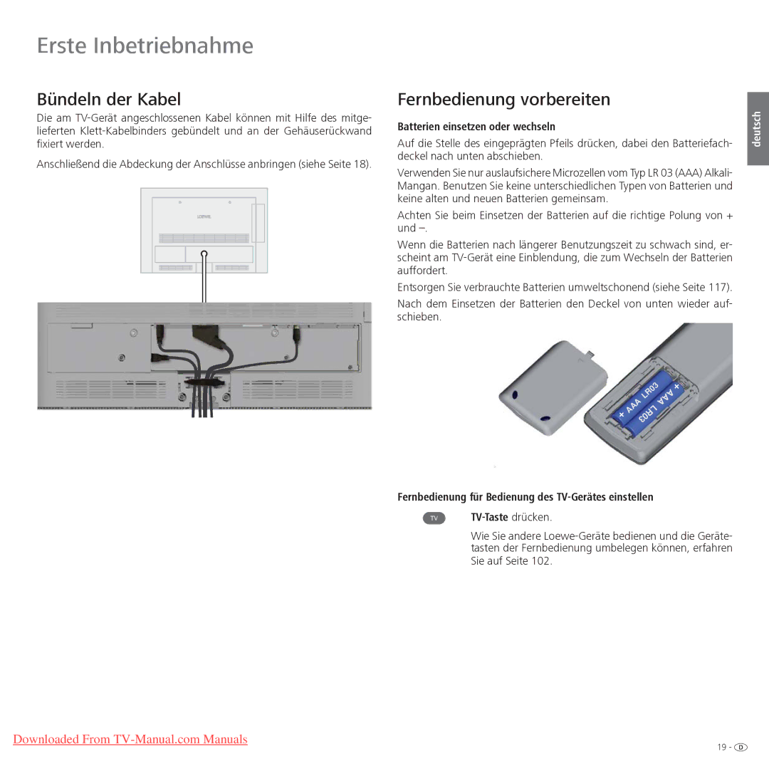 Loewe Xelos 32 LED, Xelos 40 LED manual Bündeln der Kabel, Fernbedienung vorbereiten, Batterien einsetzen oder wechseln 