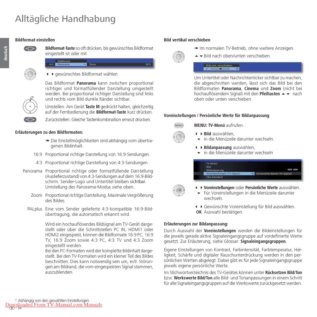 Loewe Xelos 40 LED, Xelos 32 LED manual Bildformat einstellen, Erläuterungen zu den Bildformaten, Bild vertikal verschieben 